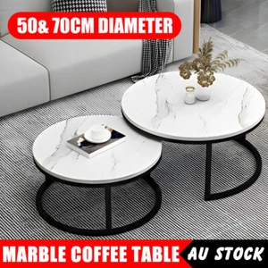 Coffee Table Set of 2 Round Nesting Table Marble Pattern Side Table End Table - Picture 1 of 12