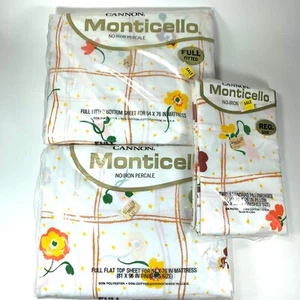 Vtg MOD Complete Full Sheet Set Cottagecore Floral Lace Cannon Yellow No Iron - Picture 1 of 7