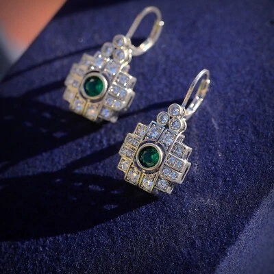 Pendientes Dormilones Plateados Antiguos Art Deco Rectángulo CZ Blanco Verde SC1 - Imagen 1 de 4