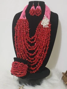 NEW MULTI STRAND IVORY/RED PEARL NECKLACE/ BRACELET/EARRING - Picture 1 of 11