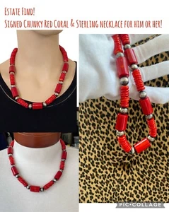 Vintage signierte FD klobige rote Koralle Sterlingsilber 925 Perlen Halskette Unisex - Bild 1 von 16