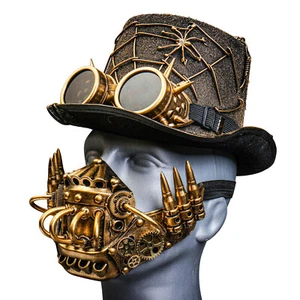 Gold Halloween Spider Web Top Hat w/ Gold Robot Mask & Spike Goggles Costume - Picture 1 of 5