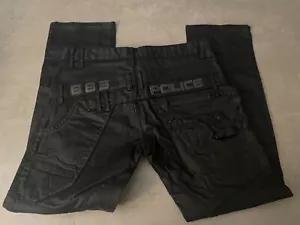 Police 883 DESMO Black Waxed (wet LooK) Bikers Cargo Jeans W30 L30 waterproof - Picture 1 of 14