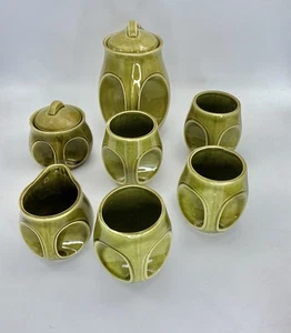Owl Eye Coffee Tea Set Avocado Green Teapot Coffee Sugar Creamer Japan Mid Cent. - Picture 1 of 17