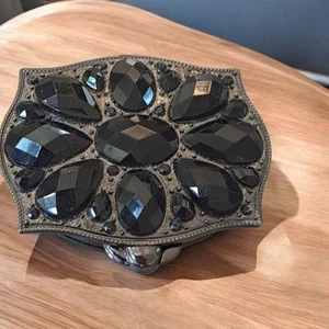 Vintage Liz Claiborne Gunmetal Black Rhinestone Jewelry Trinket Box & Mirror - Picture 1 of 10