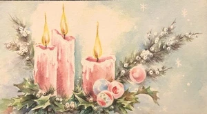 Vtg Christmas Greeting Card Beautiful Pink Candles Holly Berries Bulb FRONT ONLY - Picture 1 of 3