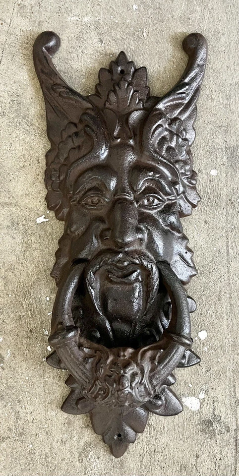 Cast Iron Gothic Man Face 19” Long Brown-Tone Door Knocker - Image 1 of 2