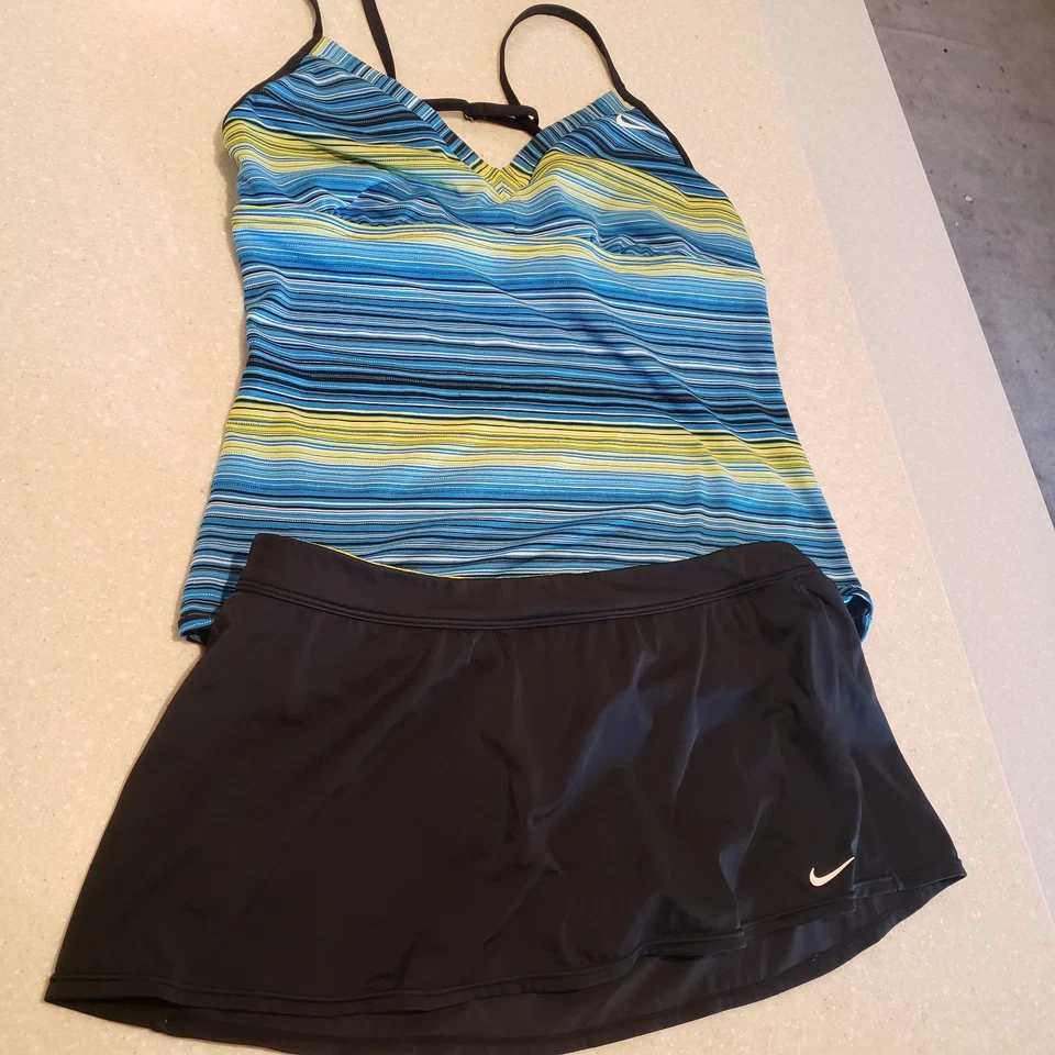 Nike Swimsuit Woman’s Size 8/10 Blue Yellow Black Tankini Skirt Bottom 2 Piece - Image 1 of 4