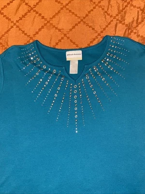 Alfred Dunner Talla Grande 1X Verde Azulado Adornado Cuello en V Mujer Elástico Mangas 3/4 Foto 1 de 4