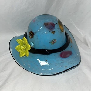 Murano Style Milleflori blown glass hat Baby Blue Yellow Flower Tray/ Bowl - Picture 1 of 9