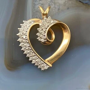 14K Yellow Gold Diamonds Heart Shape Pendant For Women - Picture 1 of 9
