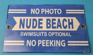Vintage Nude Beach Sign - No Peeking Gas Pump Porcelain Sign - Picture 1 of 14