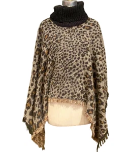 Leopard Cheetah Print Turtleneck Poncho Sweater Women's S-M Fringe Boho Hippie - Picture 1 of 12