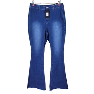 Fashion Nova Valentina Jeans Größe 14 34 x 34 blau ausgestellt roher Saum hoher Bund neu - Bild 1 von 13