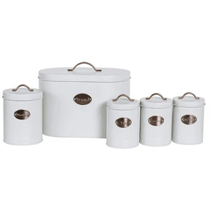 White 5pcs Kitchen Container Storage Set Bread Bin Tea Sugar Coffee Biscuit Tins - Picture 1 of 5