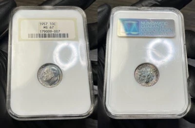 MS67 1957 10C Roosevelt Silver Dime, NGC- Fatty Holder, Rainbow Mint Set Toned - Image 1 of 4