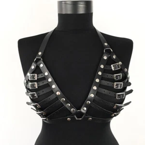 Sexy Women Faux Leather Body Harness Waist Bra Belts Strap Chain Corset Bustier - Picture 1 of 5