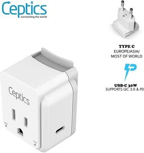 Ceptics European Plug Adapter, USB-C and A, Includes Type C Swadapt Attachment - Picture 1 of 6