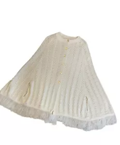 Womens Ivory Knit Poncho Shawl Cape Button Down Fringe Boho Hippie 70s Vintage - Picture 1 of 6