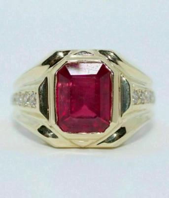 3 Ct Red Ruby Emerald Cut Lab Created Men's Engagement Ring 14K Yellow Gold Over - Image 1 of 4