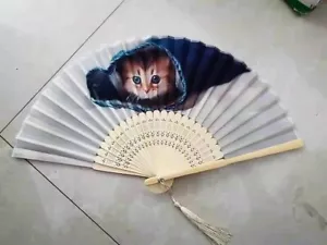 Kätzchen im Ärmel Seide Nylon Handventilator faltbar Handfächer Katze Handarbeit - Bild 1 von 4