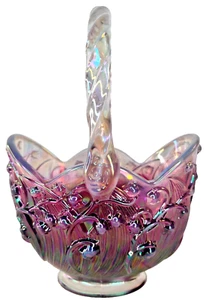 Fenton Plum Opalescent Lily of the Valley Basket Vase Etched Signature B Fenton - Picture 1 of 9