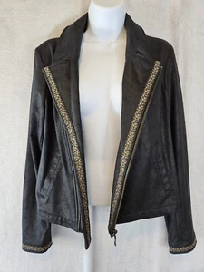 Nanette Lepore Size 8 Black Moto Jacket Blazer Embroidery Trim Pockets Zippers - Picture 1 of 18
