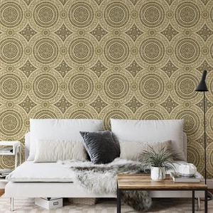Caspia Damask Circle Wallpaper Gold Classic Style Wallquest Acrylic Coated - Picture 1 of 5
