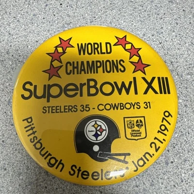 匹兹堡钢人队世界冠军超级碗IX 1975 NFL纽扣别针徽章 — 第 1/2 张图片