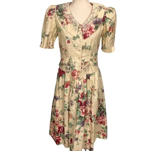 Maggie Lawrence Dress Women 5/6 Beige Multi Floral Lace Prairie Cottage 80s USA - Picture 1 of 15
