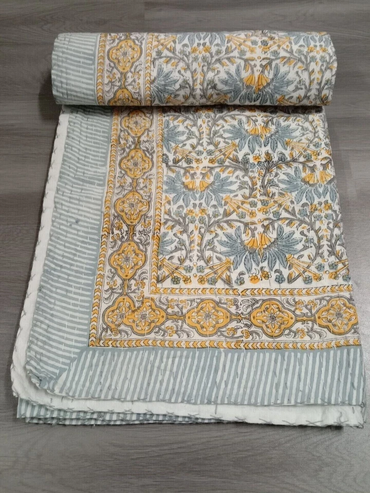 Indian Hand Block Print King Size Cotton Kantha Quilt Throw Blanket Bedspread - Image 1 of 4