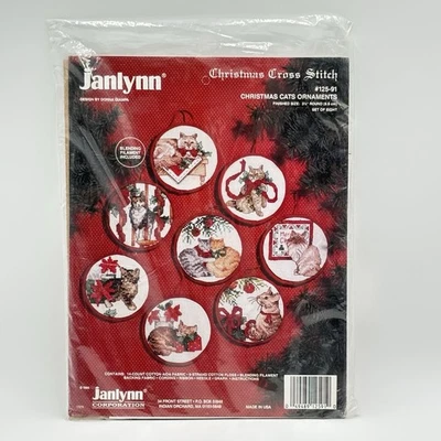 Vintage 1994 Janlynn Christmas Cats Ornaments Cross Stitch Kit 125-91 Round 8ct - Image 1 of 4