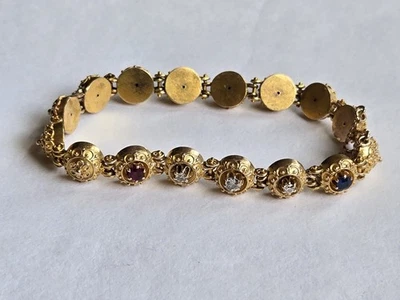 Винтажный браслет из чистого золота 14 карат с бриллиантами рубинами сапфирами звеньями на пуговицах - 13,18 грамма - Изображение 1 из 4