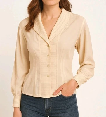 Zelda Cream Beige Vintage 100% Silk Tailored Fitted Buttoned Blouse Sz 6 Medium  - Image 1 of 4