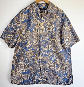 Tori Richard Shirt Mens Large Blue Tan Silk Linen Floral Hawaiian Camp Casual - Picture 1 of 13