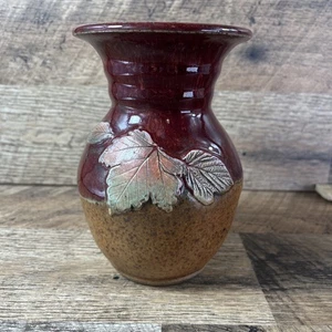 Studio Art Pottery Vase Fall Colored Leaves Textured Signed - Picture 1 of 6