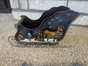 Vintage Metall Weihnachten Slugh Herzstück mit 3D bemalt Urlaub Winter Szene - Bild 1 von 7