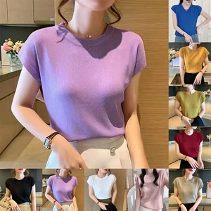 Women Summer Slim Short Sleeve Knit TShirt Ice Silk Fabric Casual Wear - Picture 1 of 17