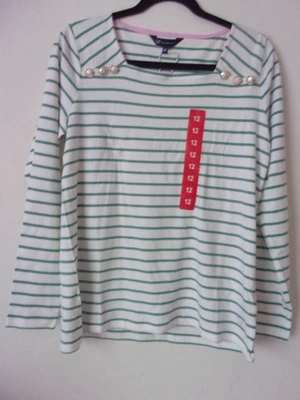 New Crew Clothing Square Neck Breton White Green Stripe Top T-Shirt Size: UK 12 - Image 1 of 4