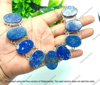 Collar ajustable de plata de ley 925 con piedras preciosas de lapislázuli hecho a mano tamaño-18" Foto 1 de 4