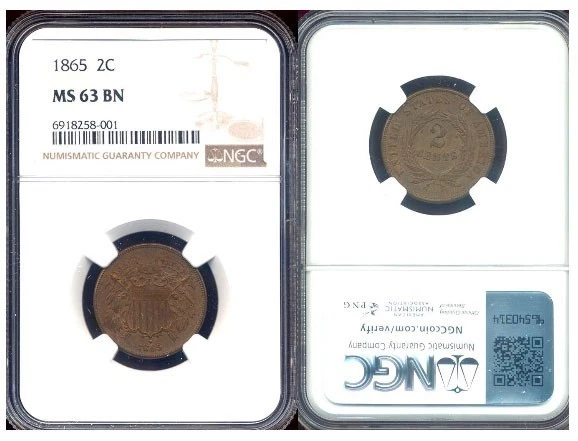 1865 TWO CENT NGC MS63BN ... slight mint red - Image 1 of 1