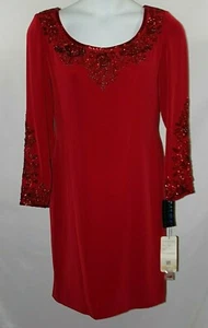 Vestido Oleg Cassini Negro Corbata Rojo Mangas Largas Lentejuelas Cuentas Nuevo con Etiquetas 12 - Imagen 1 de 7
