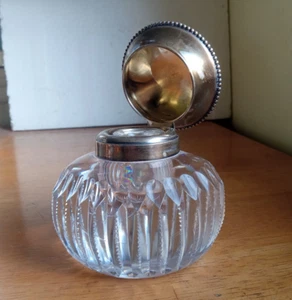 ANTIK 1880er SCHWER GESCHLIFFENES GLAS TINTENFASS BRIEFBESCHWERER STERLING HALSBAND WILCOX MERIDEN - Bild 1 von 14