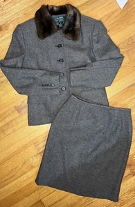 90s Ralph Lauren Lambs Wool Jacket Suit Womens Petite 8/10 Faux Fur Collar Brown - Picture 1 of 22