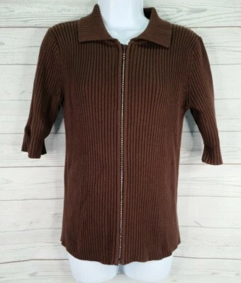 Suéter Top Quacker Factory Cremallera Completa Talla XS Marrón Acanalado Estrás Manga Corta Foto 1 de 4
