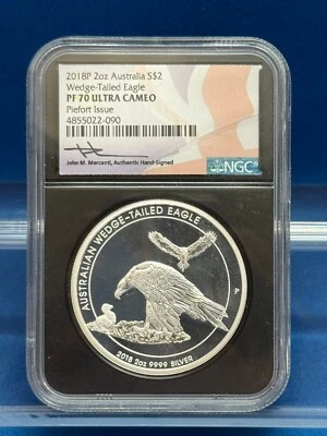 2018 P Austrália 2 oz WedgeTailed Eagle NGC PF70 UC Piefort Issue Mercanti assinado - Imagem 1 de 4