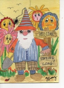 ACEO original acrylic mini painting 'Welcome, Staying Long?' garden gnome flower - Picture 1 of 1