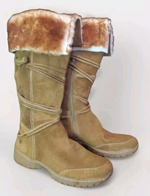 Botas de cuero de gamuza Fiona talladas con volantes para mujer 9 M forradas de piel sintética con cordones cremallera marrón Foto 1 de 4