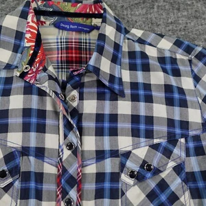 Georg Roth Snap Shirt Womens Small Blue Plaid Floral Flip Cuff Western Boho - Picture 1 of 12