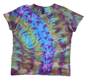 Psychedelic Ice Tie Dye T-Shirt, Women's XL SS V Neck, Purple Green Orange WOW! - Picture 1 of 6